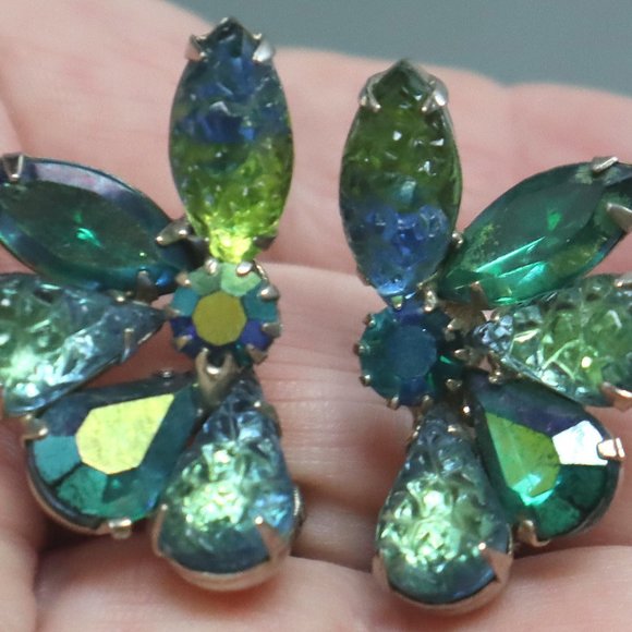 Juliana Lava Rhinestone Brooch Earrings Peacock Blue Givre - Picture 4 of 9